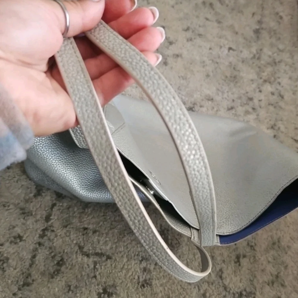 Tory Burch Silver Metallic Pebbled Leather Perry Large Tote Bag